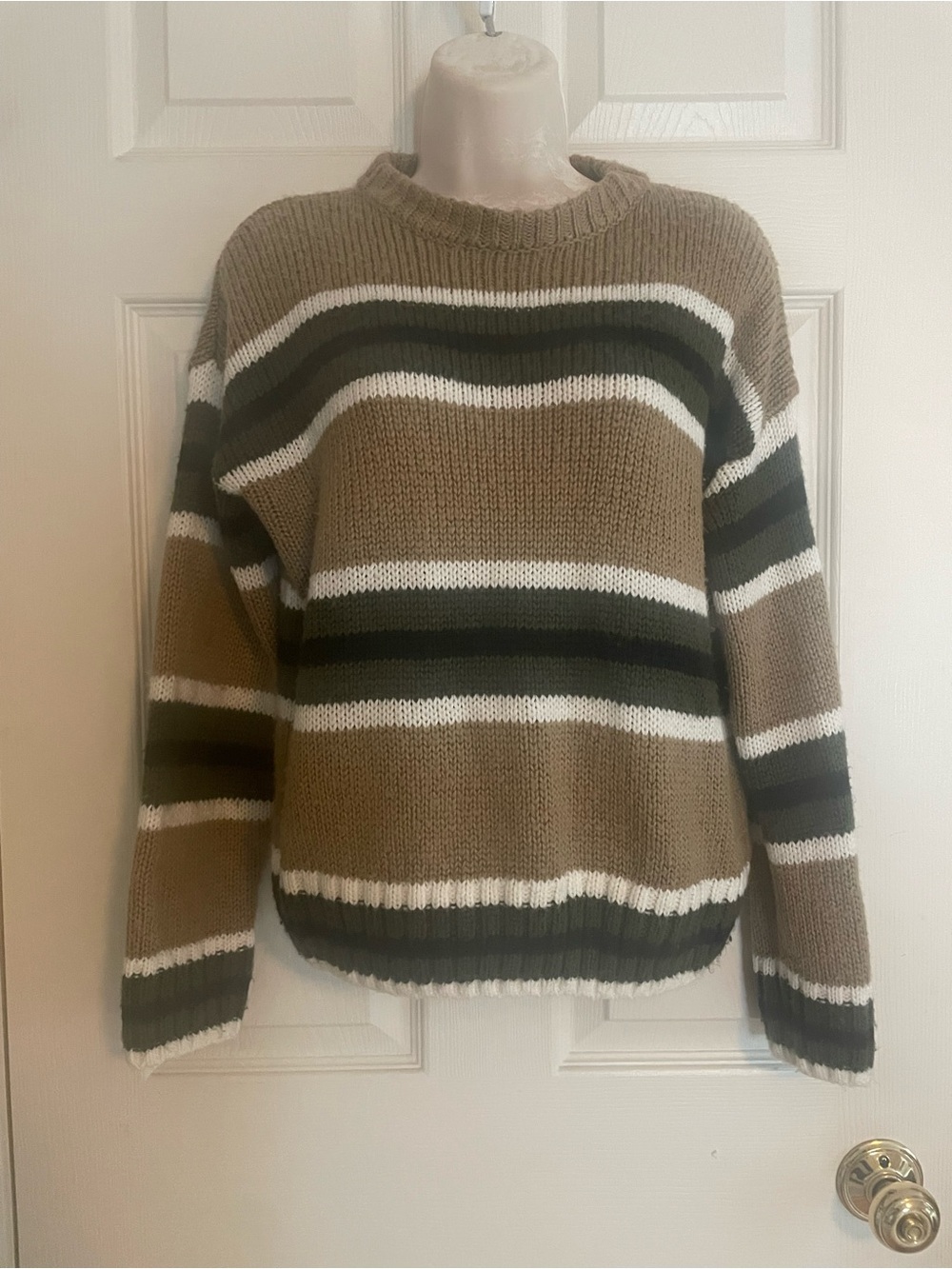 Urban Outfitters Women’s Striped Crewneck Sweater in Tan, Olive & White
